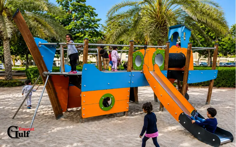 Children Enjoy the Playground in Qusais Pond Park