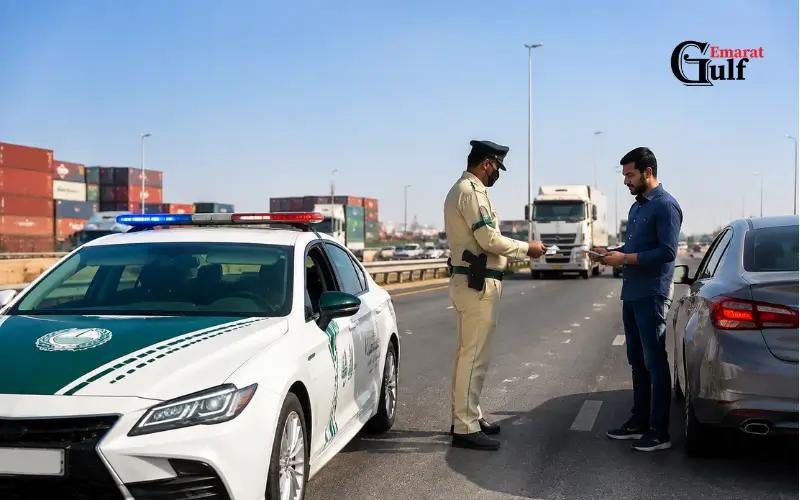 Jebel Ali Police Station traffic and vehicle-related assistance with police officer checking documents on Dubai road