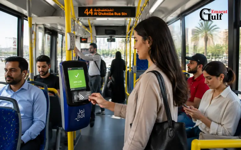 Dubai Bus Routes passenger using nol Card to pay bus fare inside a modern RTA bus
